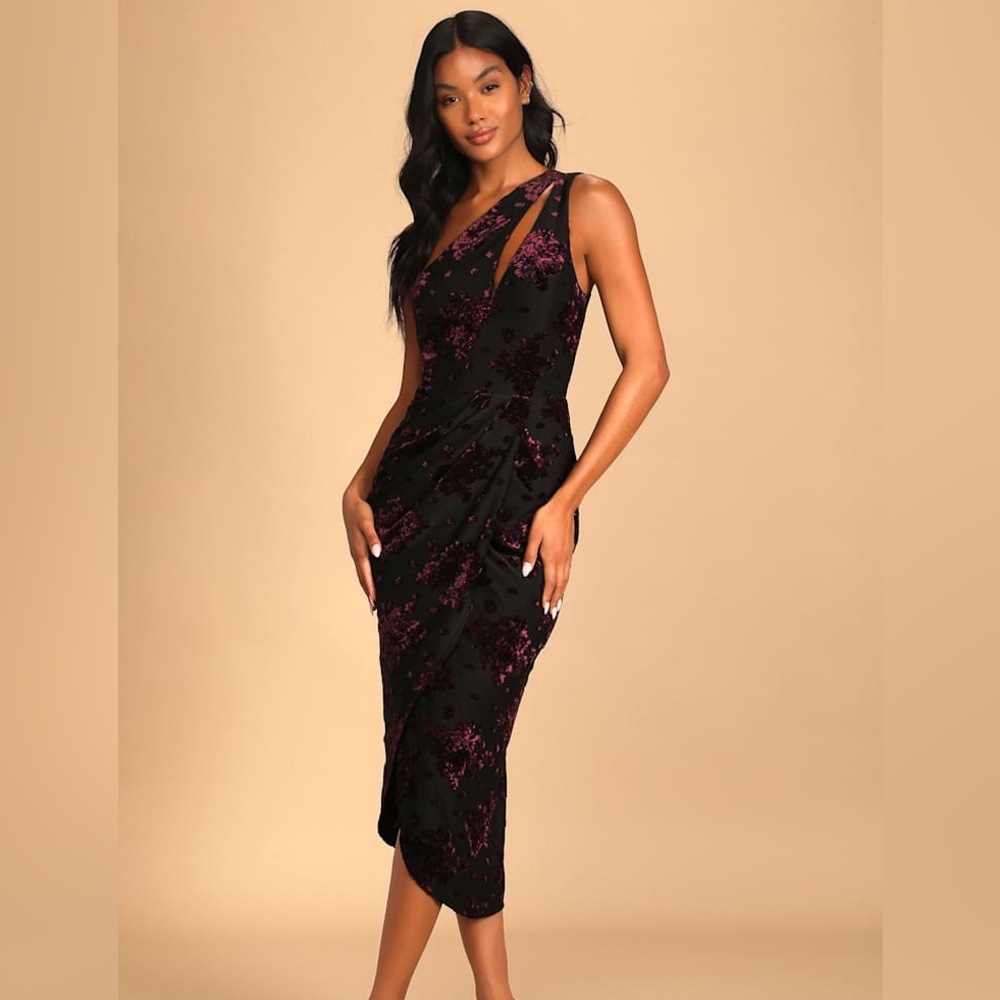 Lulus Drinks At Dawn Burn Out Velvet One Shoulder Sleeveless Midi Dress Large